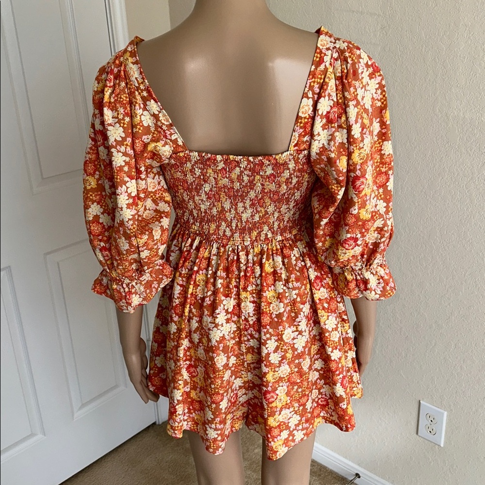 Free People Orange & Cream Smocked Romper Size Medium - Picture 3 of 16